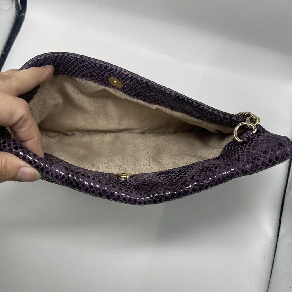 Michael Kors Sloan Purple Leather Snake Print Large Clutch